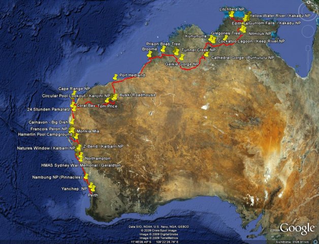 Reiseroute Australien - der Norden und Westen