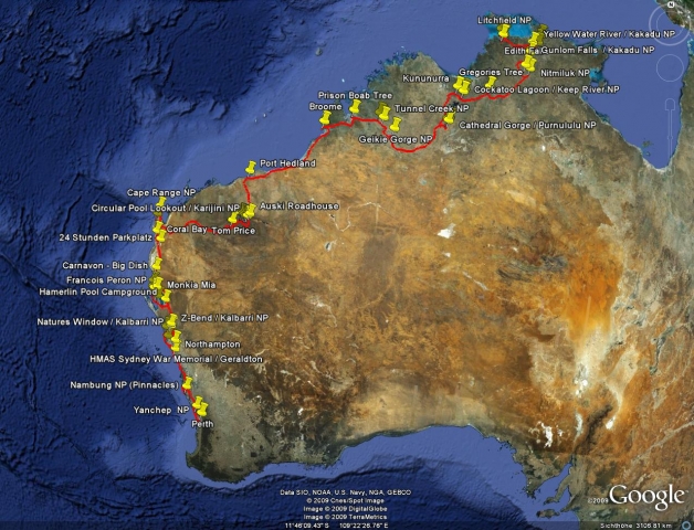 Reiseroute Australien - der Norden und Westen